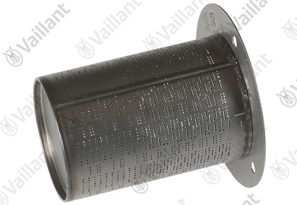 Vaillant-Brenner mit zylindrischer Form und perforierter Oberfläche, vorgesehen für Heizsysteme. Metalldesign mit Flansch zur Montage.